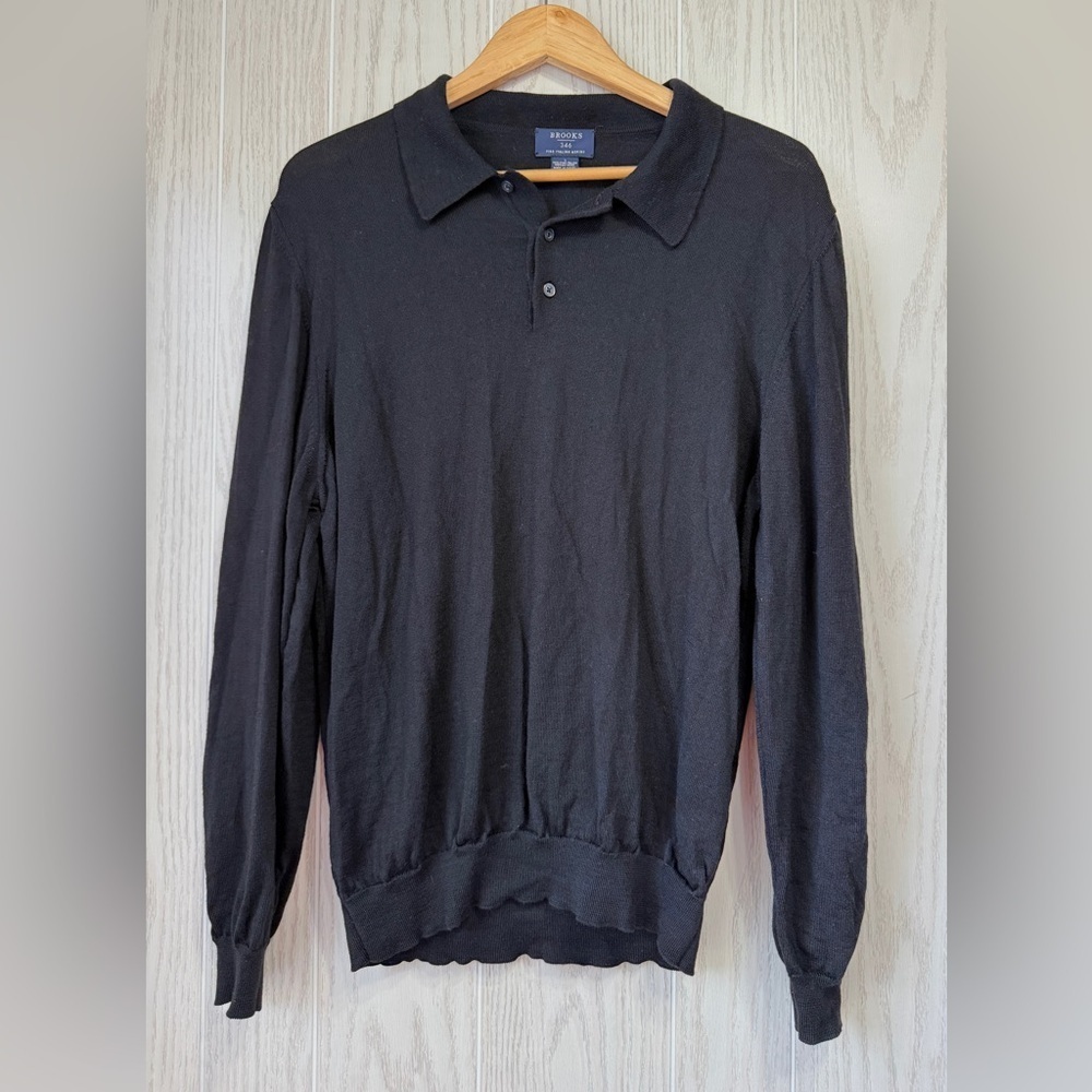 Brooks 346 Fine Italian Merino Wool Long Sleeve Polo Black Size Large